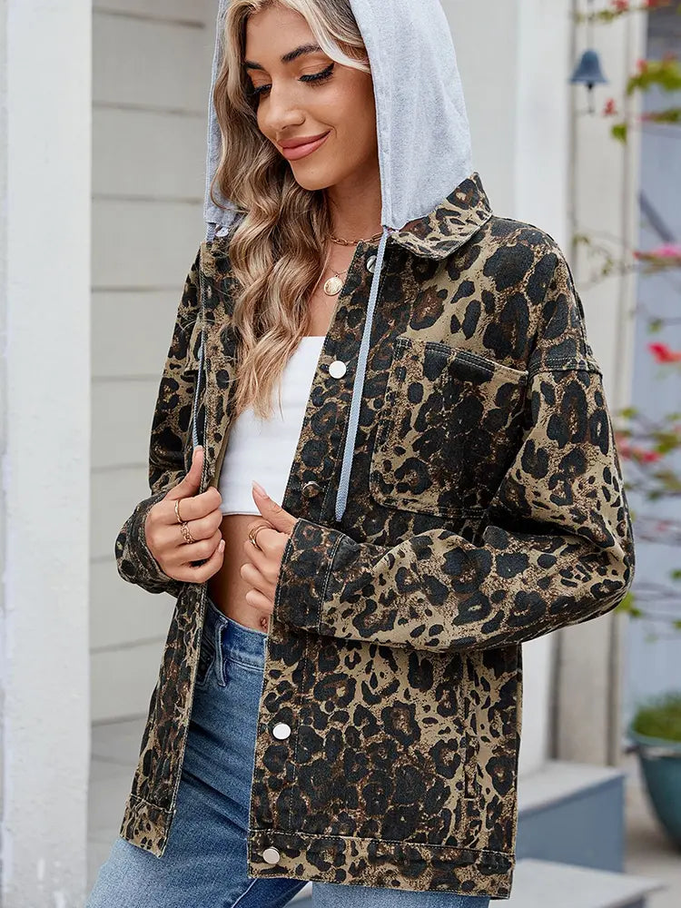 Washed Leopard Print Hooded Denim Jacket