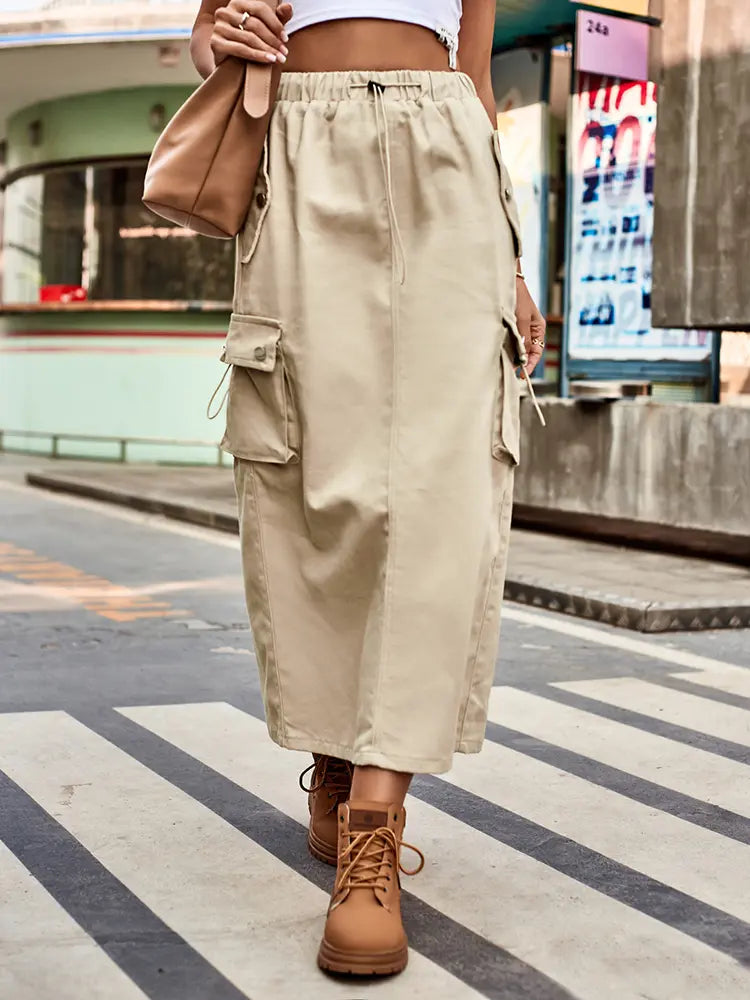 Drawstring Denim Cargo Midi Skirt