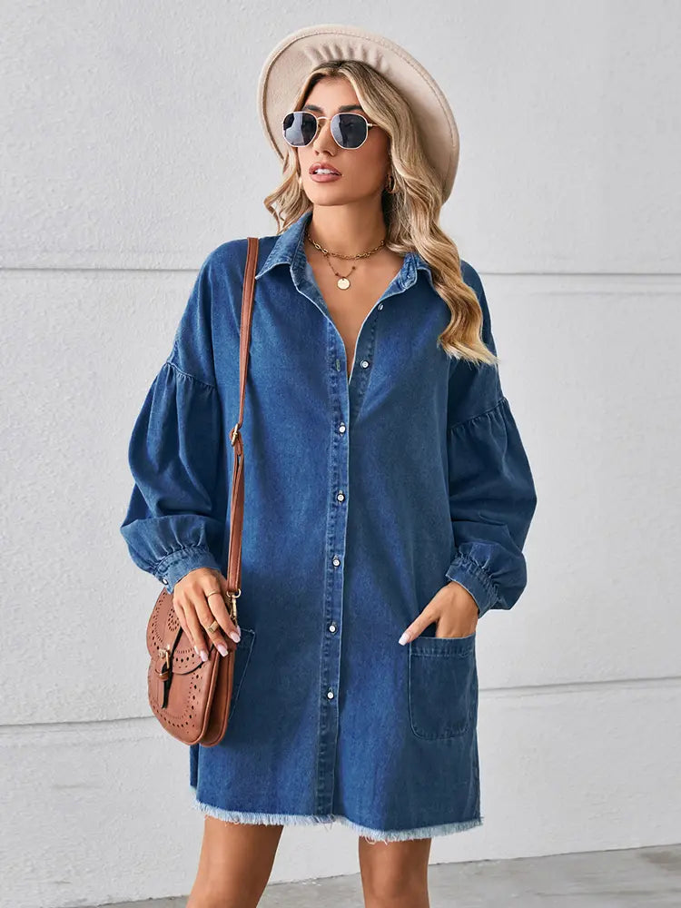 Oversized na Frayed na Denim Midi Dress