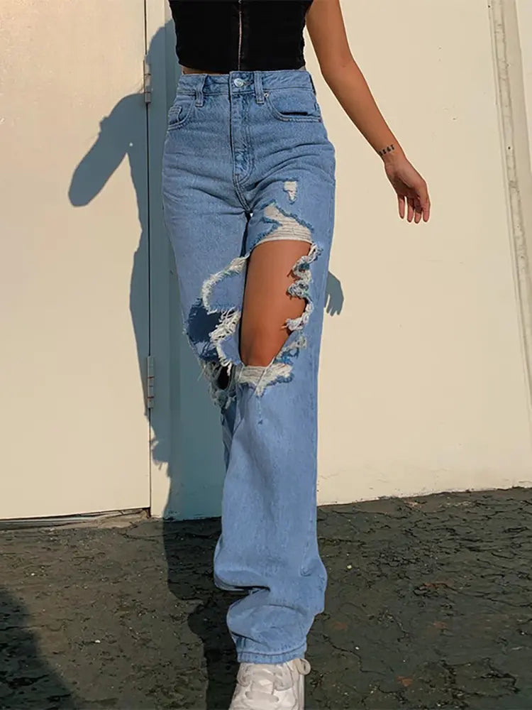 Sommer Løs Straight-Leg Revnet Jeans