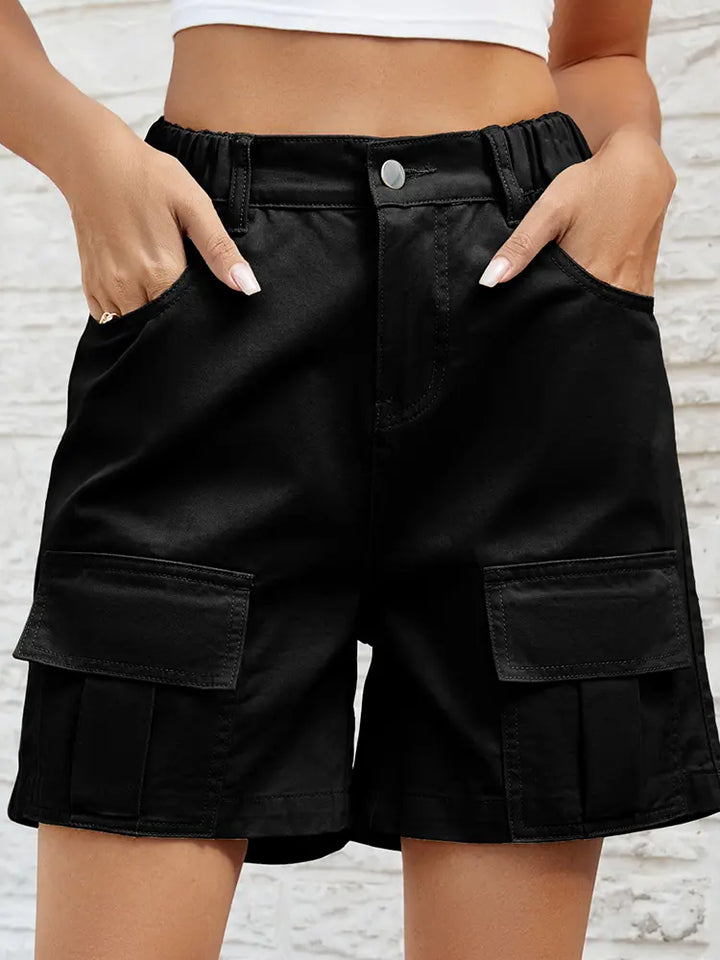 Washed Elastic Utility Denim Shorts