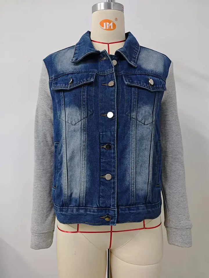 Color-Block Mahabang Manggas na Denim Jacket