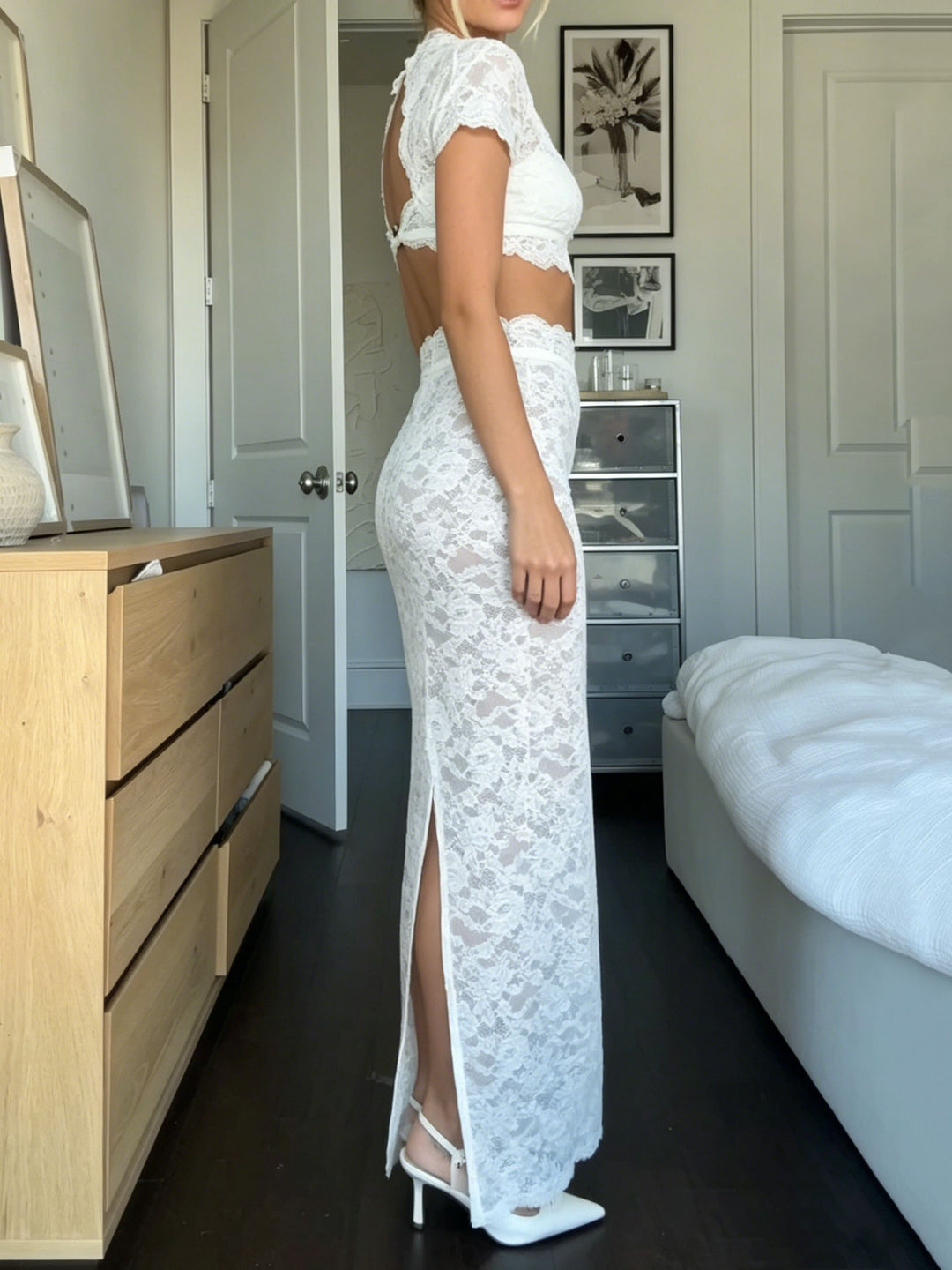 Set van kanten cropped top zonder rug en maxi rok