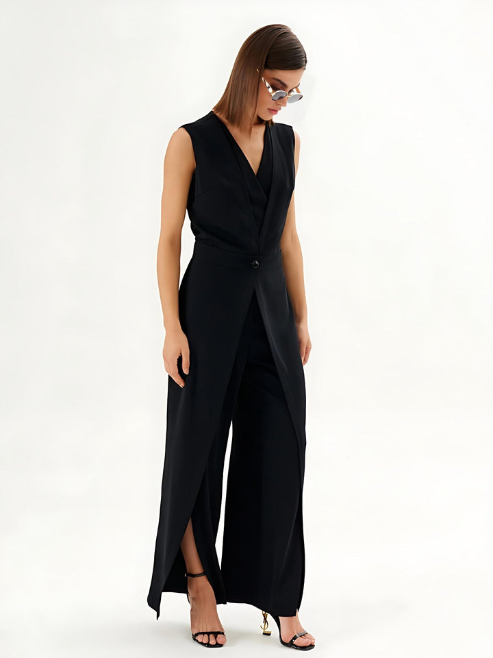 Black Sleeveless Wrap-Effect Wide-Leg Jumpsuit