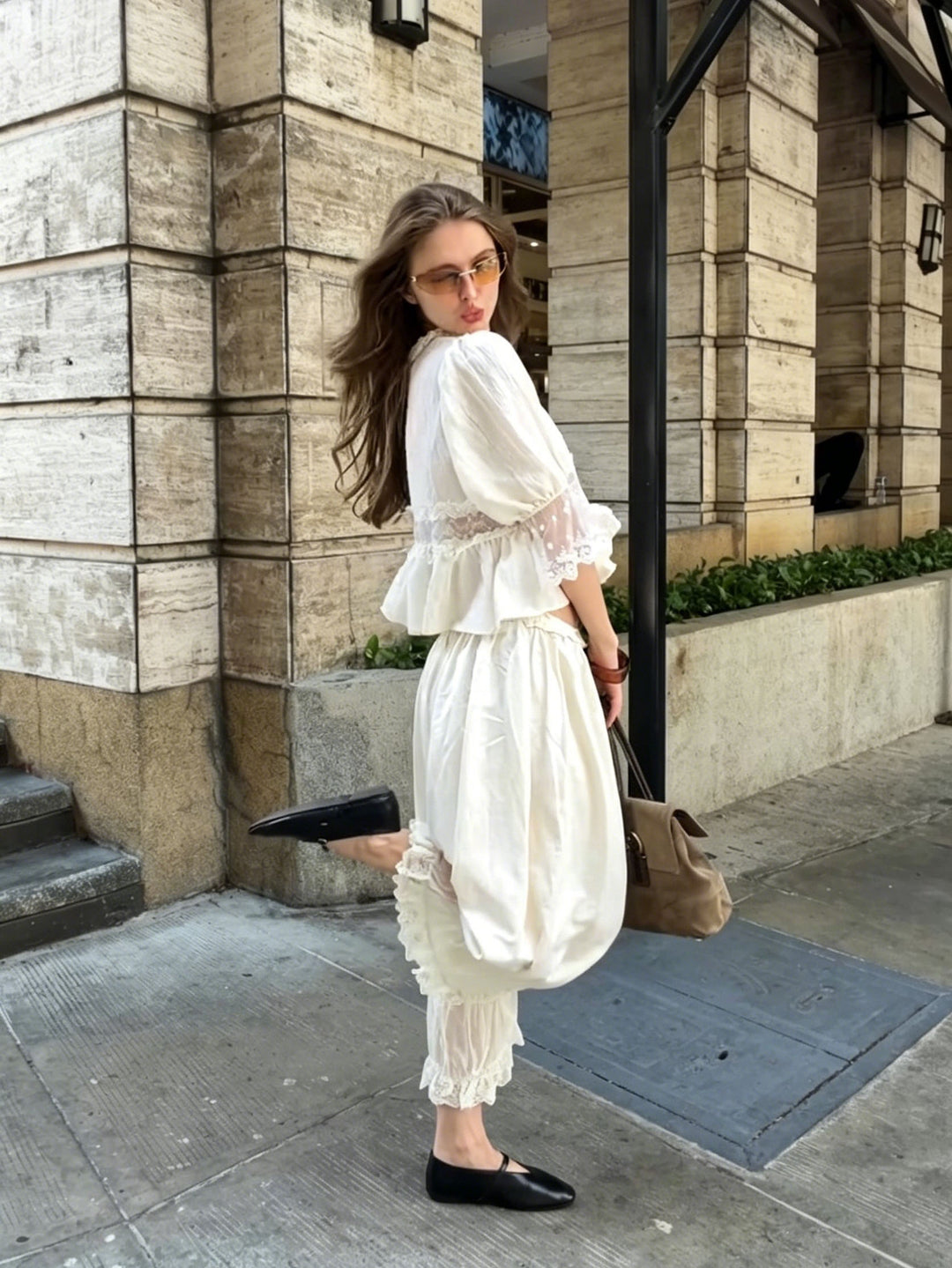 Lace Puff Sleeve Blouse & Cropped Bloomer Pants