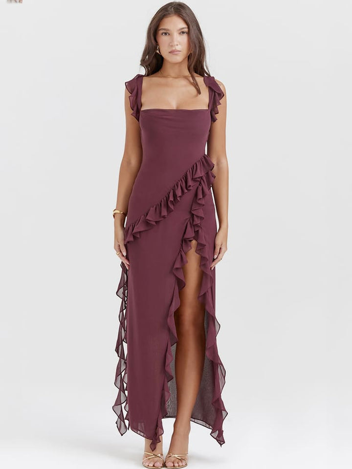 Ruffled Long Maxi Slip Dress - Mulberry