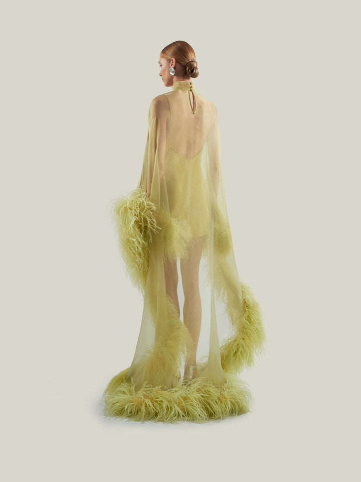 Sheer Tulle Feather Trim  Cape Kaftan
