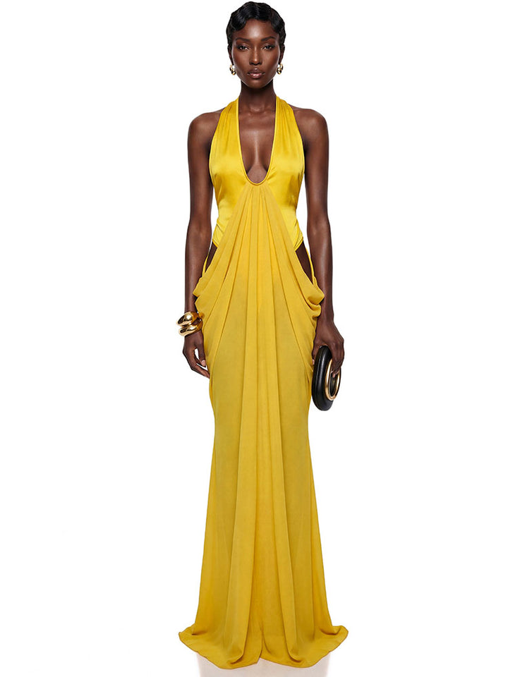 Golden Halter Cutout Maxi Dress