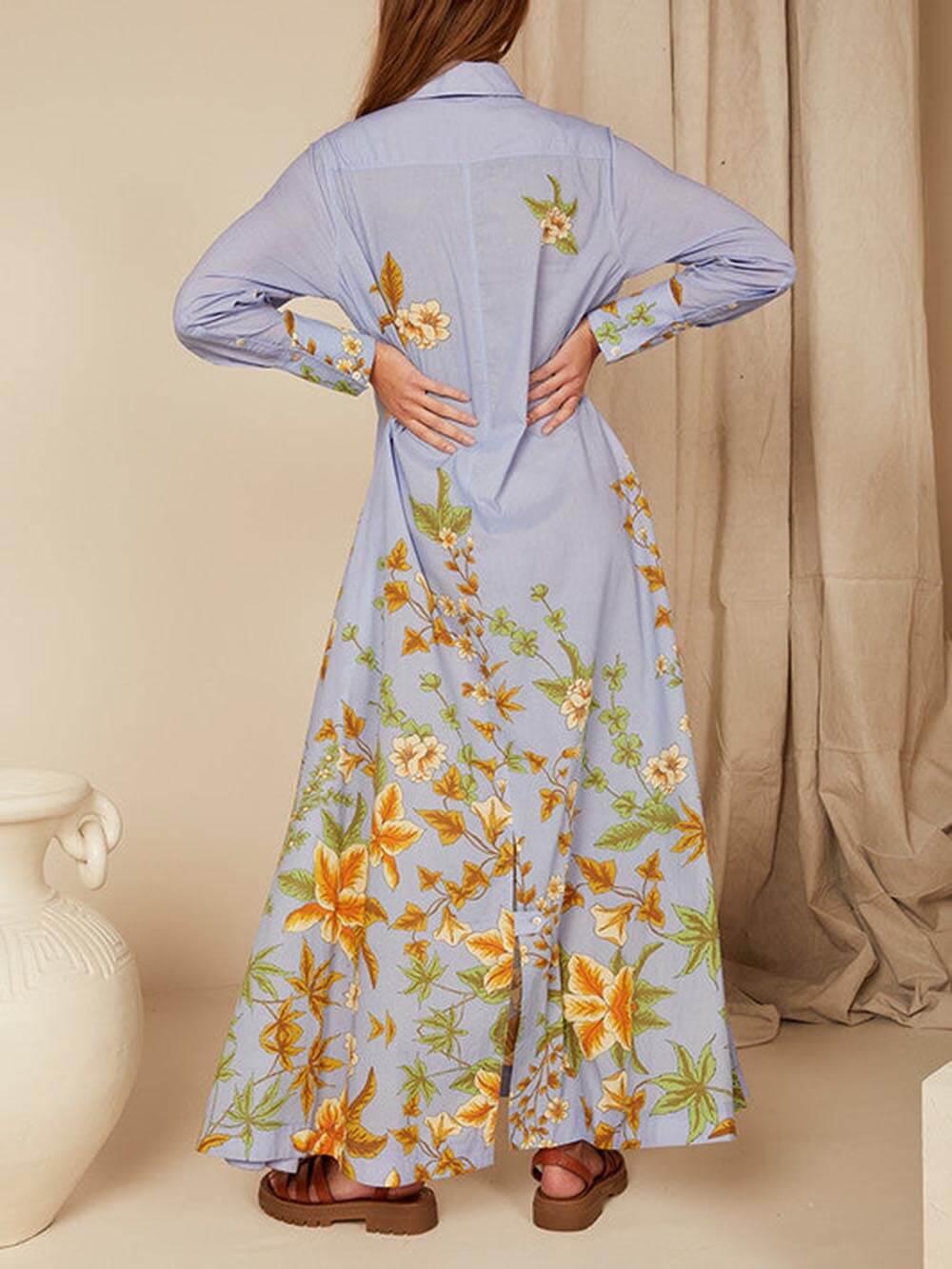 Natatanging Floral Print Long Sleeve Pocket A-line Shirt Maxi Dress