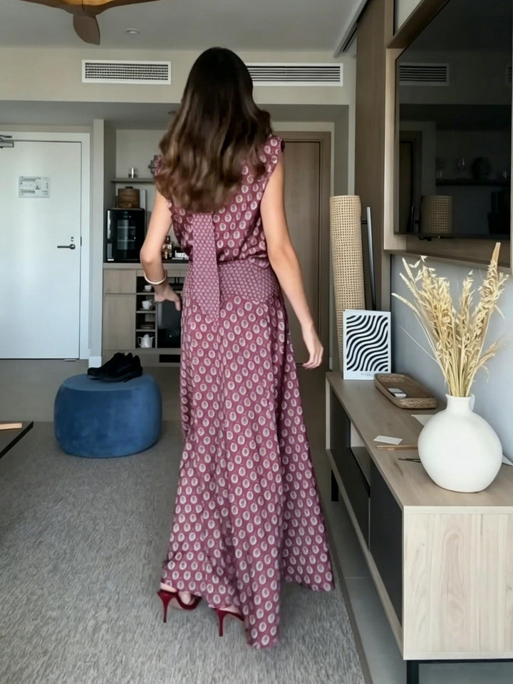 Retro print sjaaltop en vloeiende maxi-rok tweedelige set