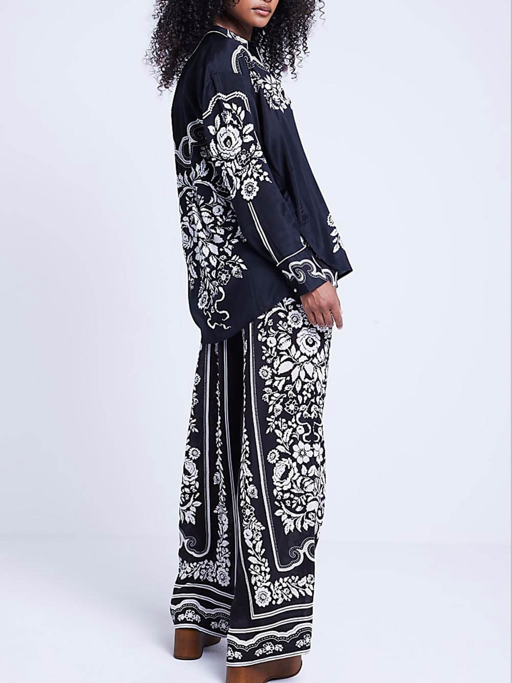 Natatanging Western Floral Print Elastic Pocket Wide Leg Pants