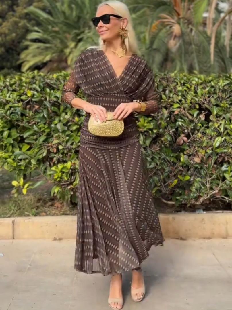 Bohemian Patterned V Neck Mesh Maxi Dress