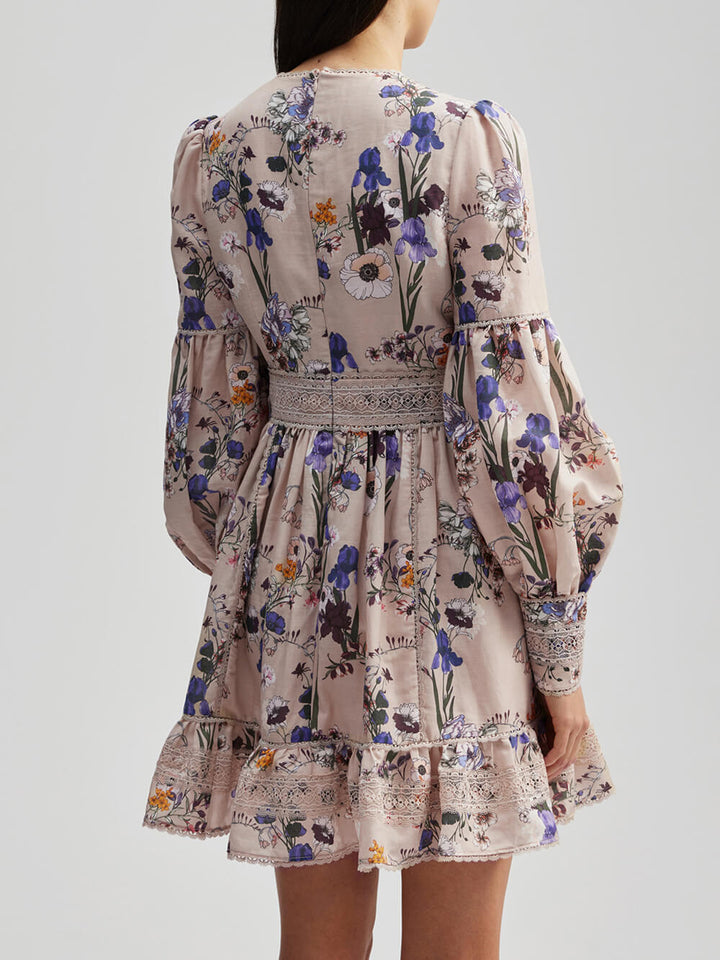 꽃 식물 벌룬 슬리브 미니 드레스
