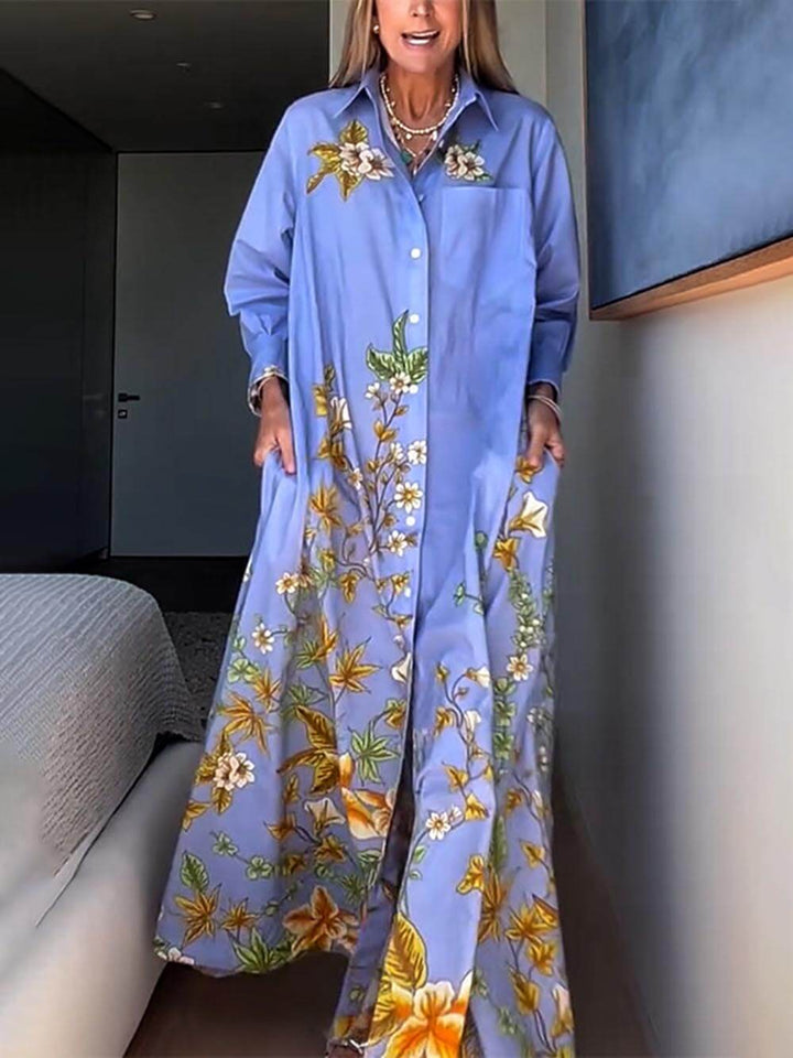 Natatanging Floral Print Long Sleeve Pocket A-line Shirt Maxi Dress