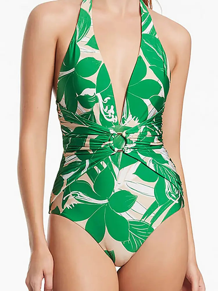Groene halter diep uitgesneden badpakset in één stuk