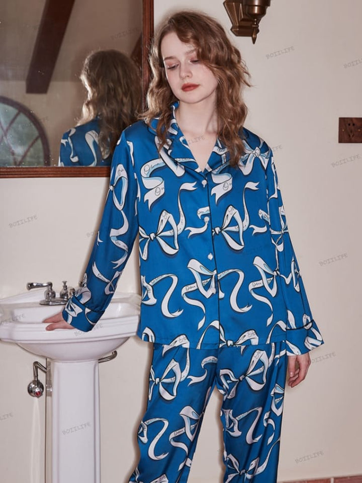 Bow Pattern Ice Silk Pajama Set