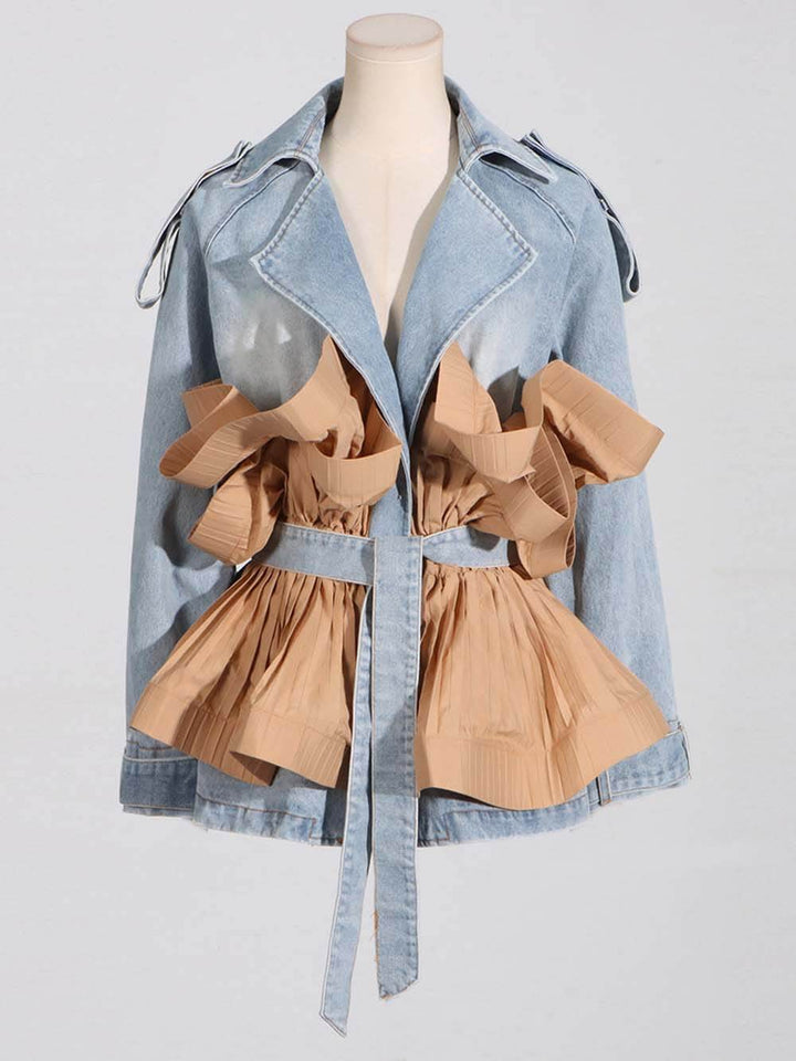 Veste en jean à lacets plissée à volants de couleur contrastée tendance