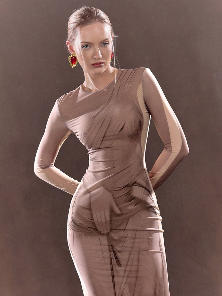 Painted-Effect Mesh Maxi Dress