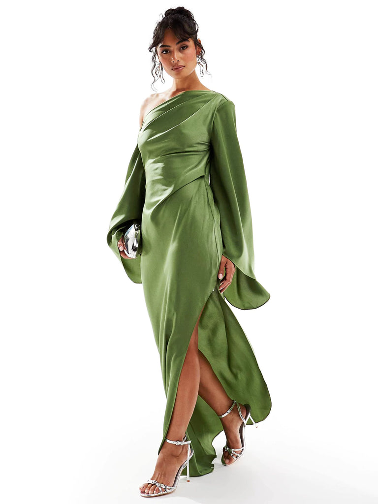 Green Asymmetrical Hem Satin Maxi Dress – Boiilife
