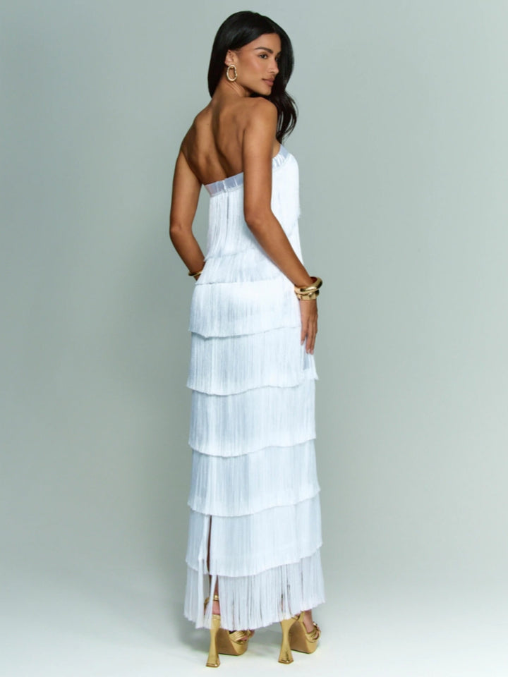 White Strapless Fringe Satin Gown