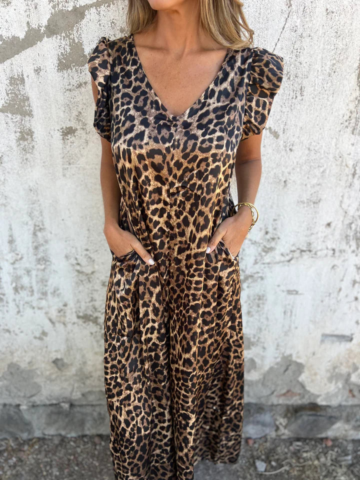 Leopard Print V-Neck Maxi Dress na may Harapang Bulsa