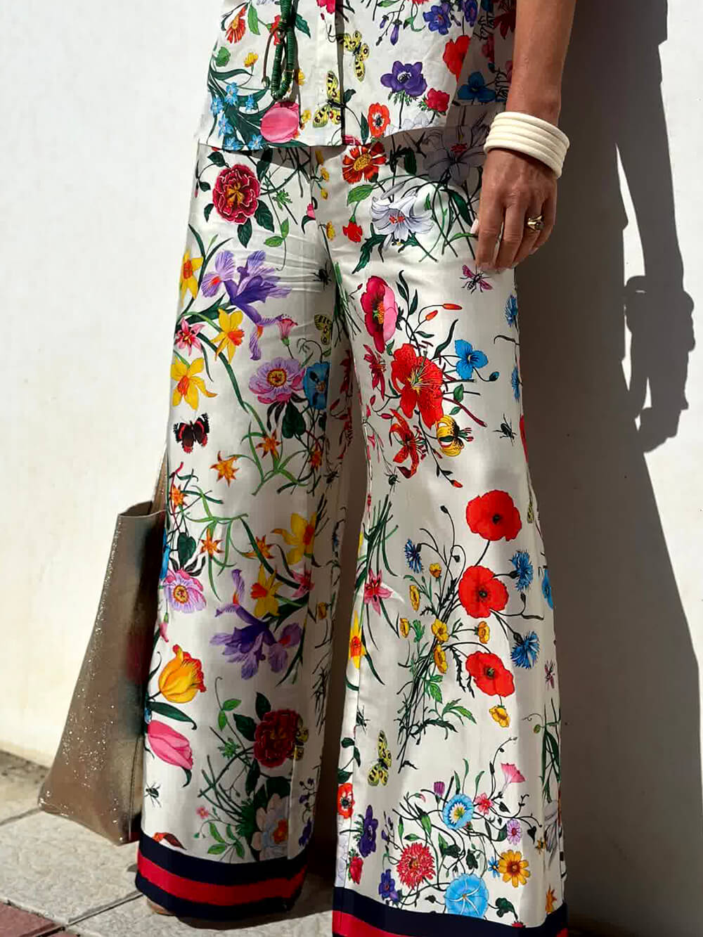꽃무늬 독특한 프린트 신축성 있는 허리 포켓 와이드 레그 팬츠 세트