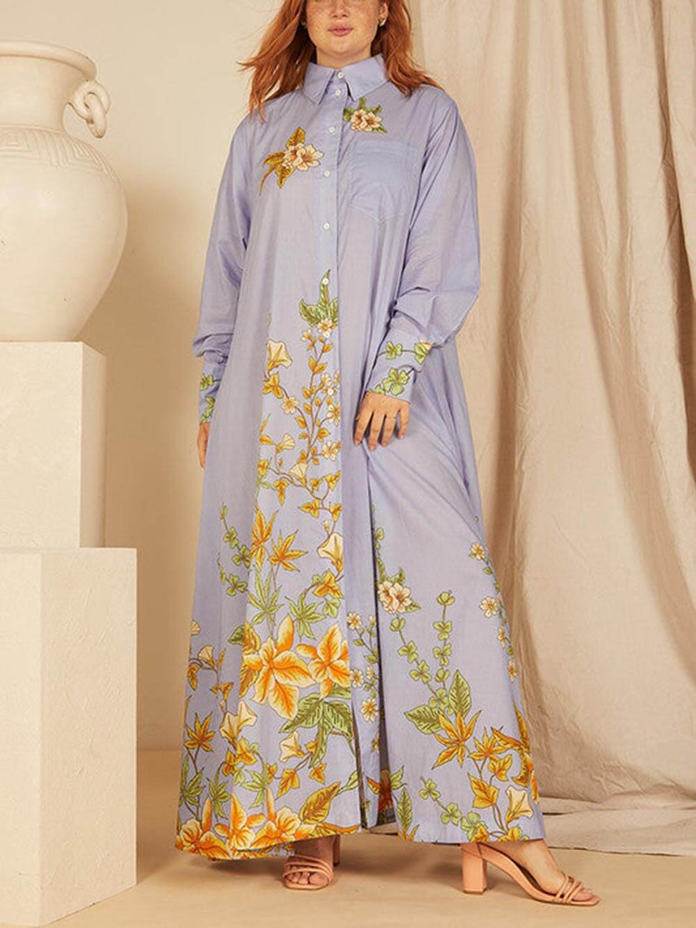 Natatanging Floral Print Long Sleeve Pocket A-line Shirt Maxi Dress