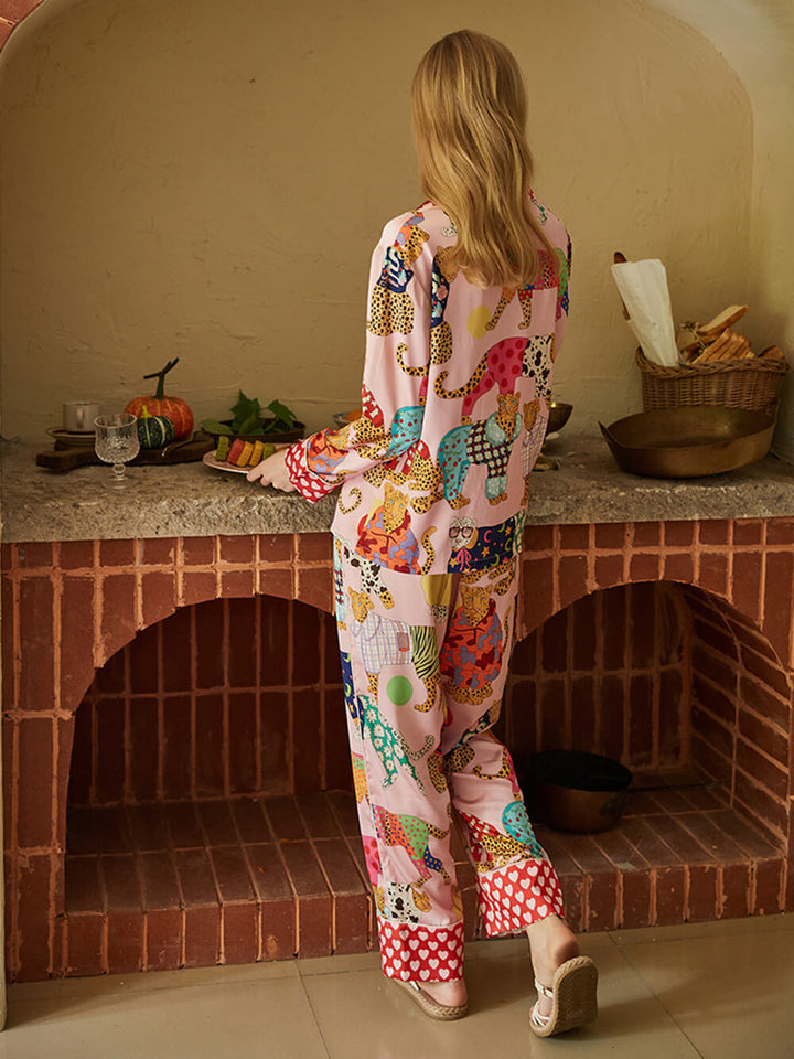 Set de pijamale din mătase cu imprimeu leopard