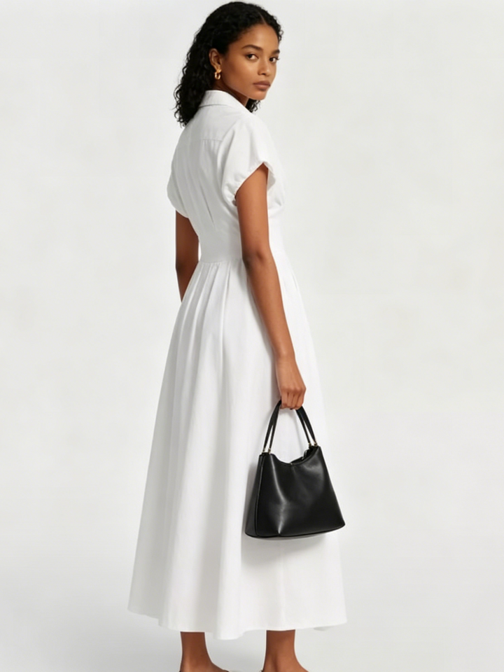 White V-Neck Puff Sleeve Midi Dress