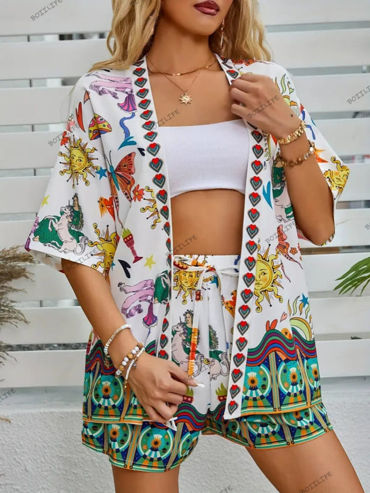 Fashionable Floral Print Casual Cardigan & Shorts Set