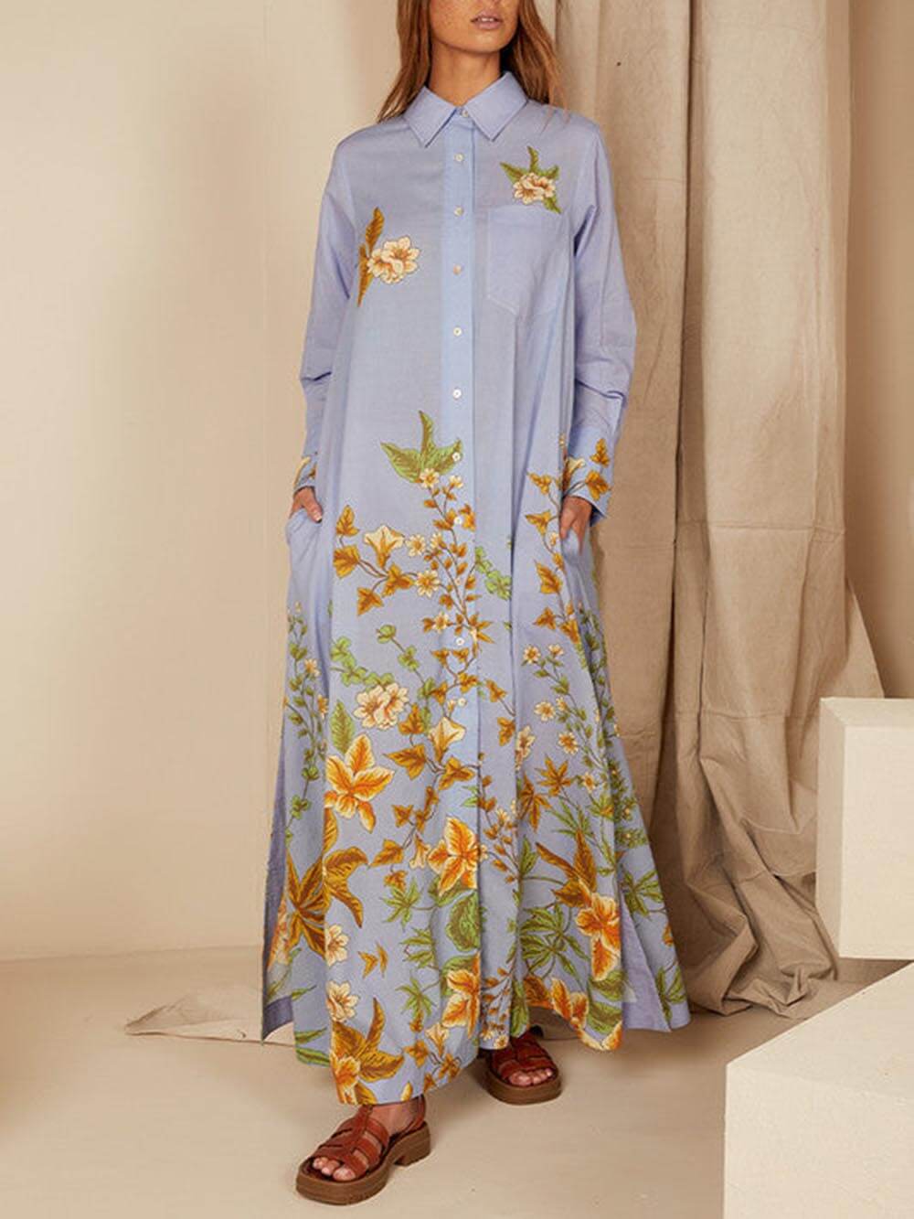 Natatanging Floral Print Long Sleeve Pocket A-line Shirt Maxi Dress