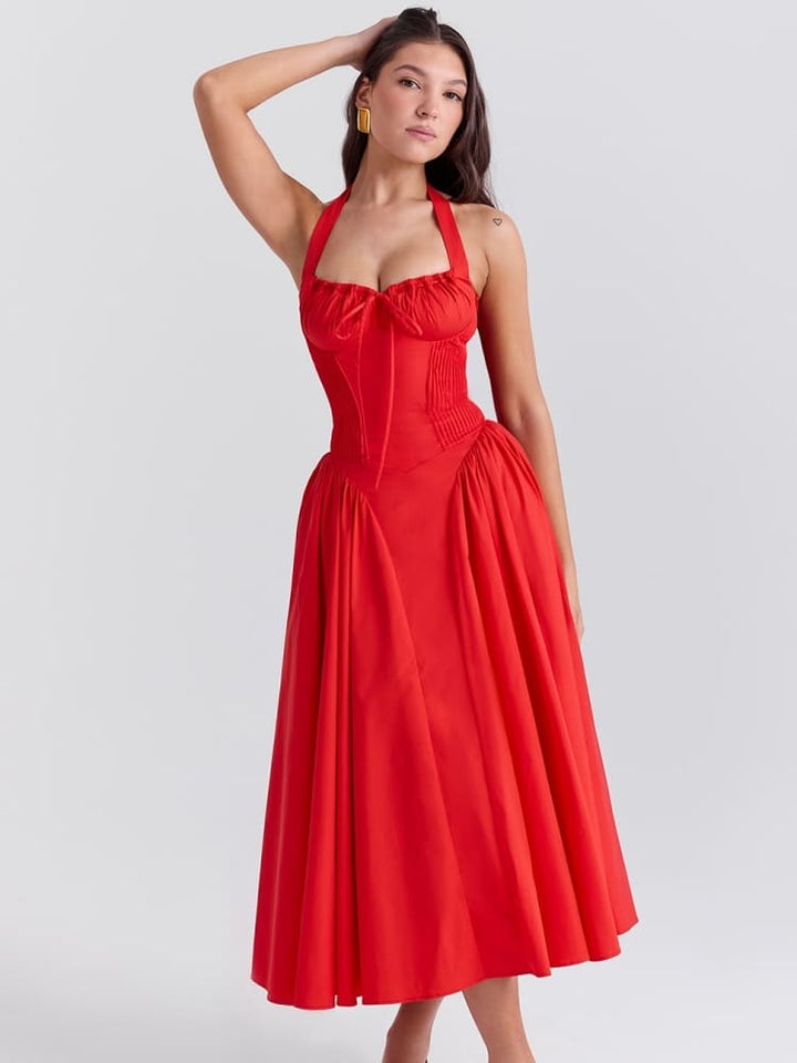 Vestido Midi Halter Vermelho Sem Costas