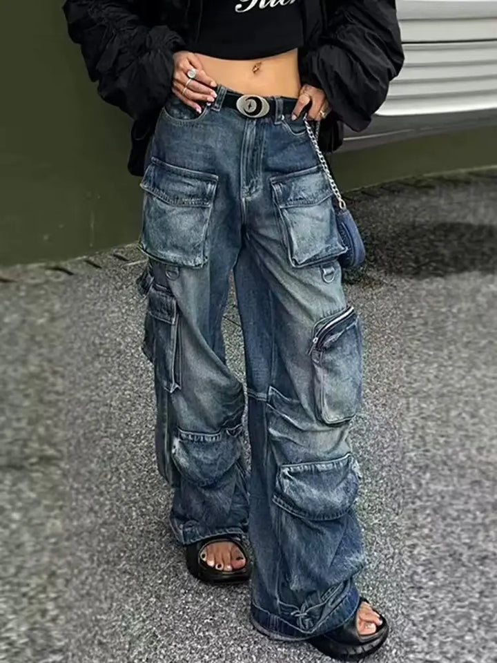 Pantaloni da lavoro in denim multi-tasche vintage