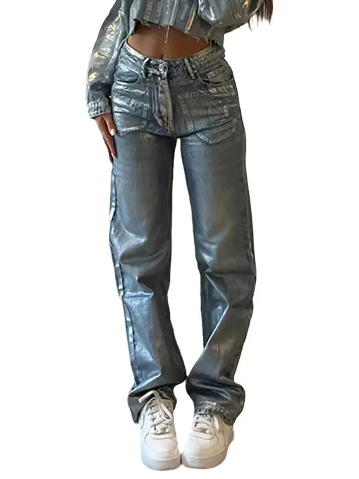 Metallic Accent High-Waist Jeans