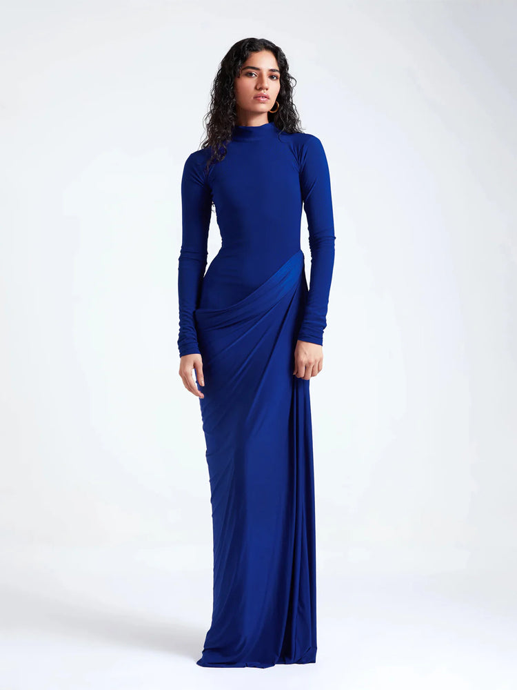 Electric Blue Ruched High-Neck Maxi Dress