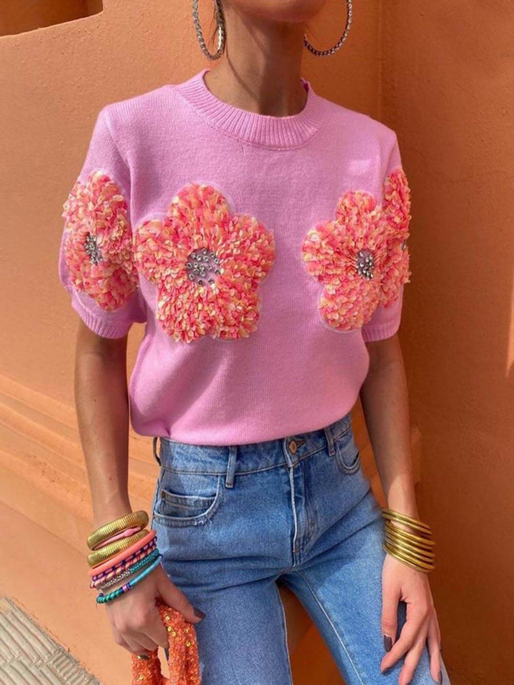 Sweet Contrast Color Flower Round Neck Short Sleeve Sweater