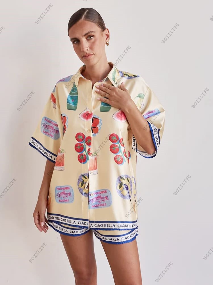 Casual tegneserieprint krave cardigan & shorts sæt