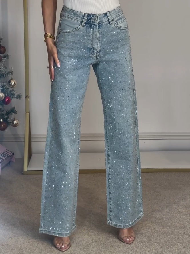 Jeans droit taille haute en diamanté