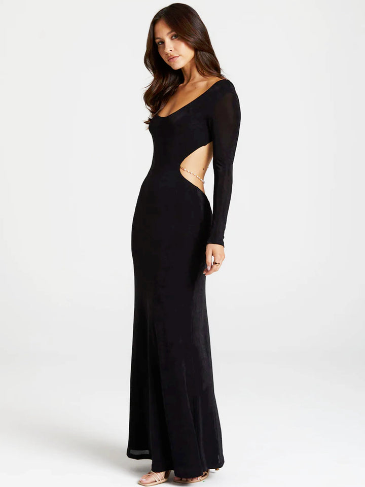 Pearl Chain Backless Fitted Maxi Dress