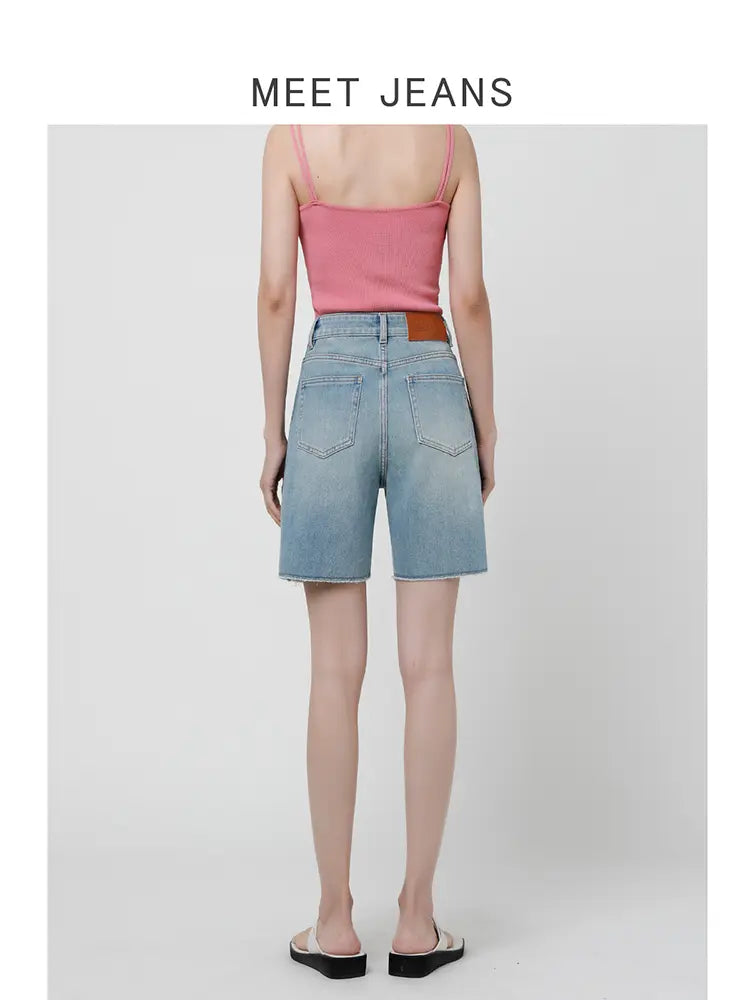 Shorts din denim elastic cu talie înaltă