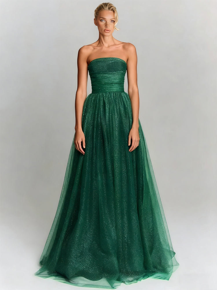 Ruched Mesh Long Evening Dress