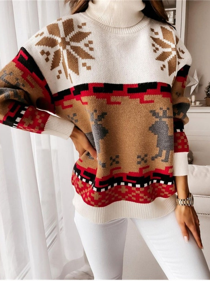 Knit Pullover with Embroidered Reindeer and Snowflake Design