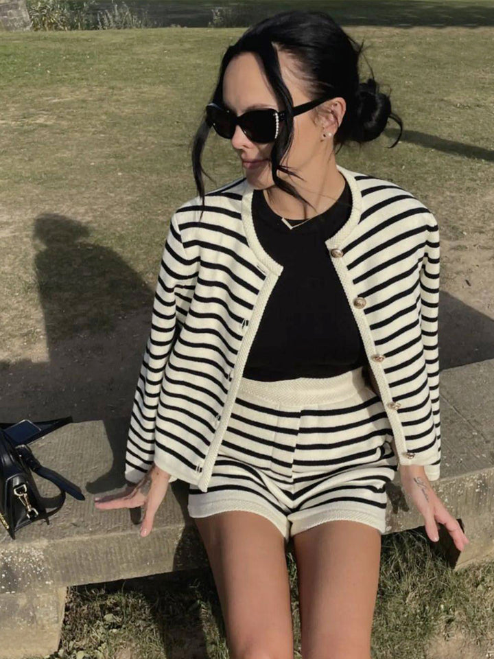 Casual Round Neck Striped Knit Cardigan Sweater Set