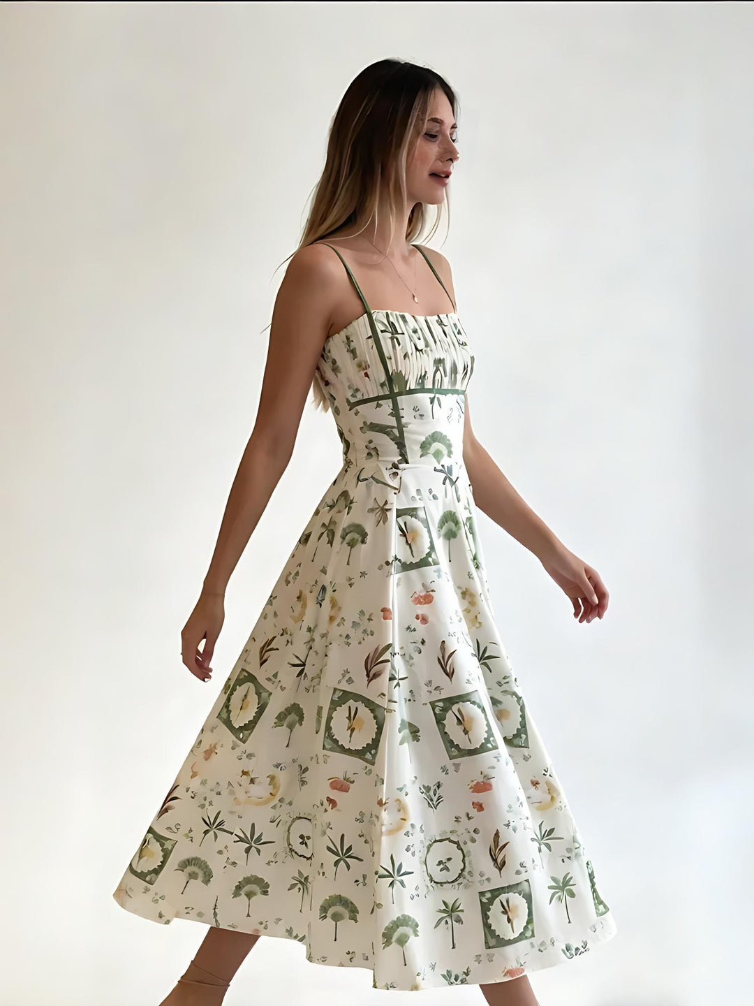 Robe midi smockée à imprimé botanique vert
