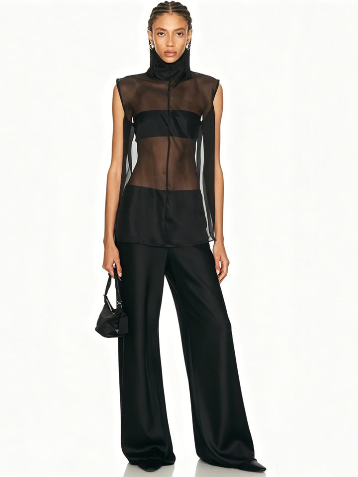 Sheer Turtleneck Satin Wide-Leg Set