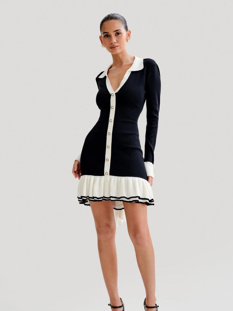 Robe Mini Tricot à Bouton Perlé Froncé