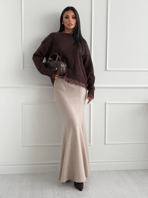 Lace-Trim Knit Sweater & Mermaid Skirt Set