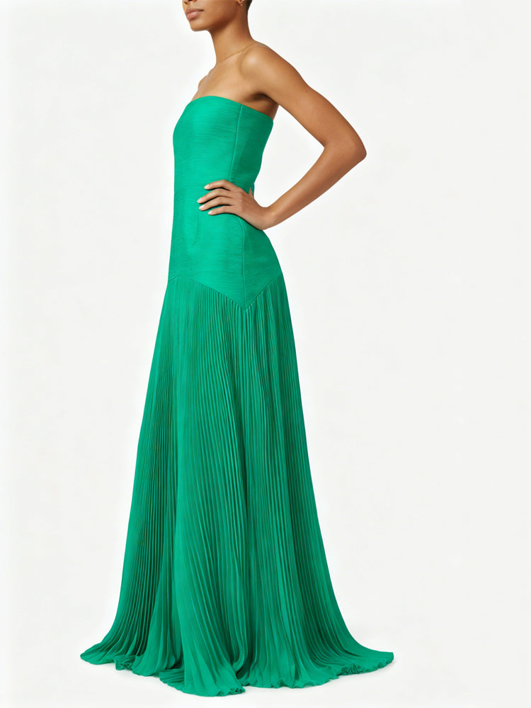 Rochie formală fără bretele plisată, culoarea smarald