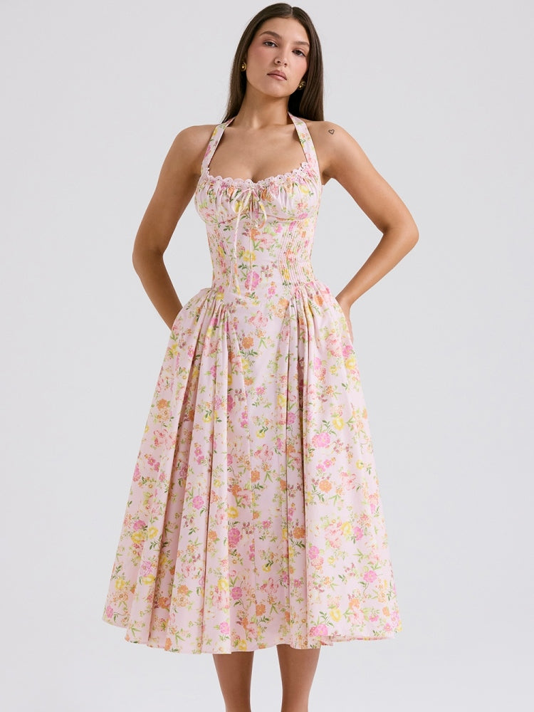 Pink Meadow Print Backless Midi Tank Dress