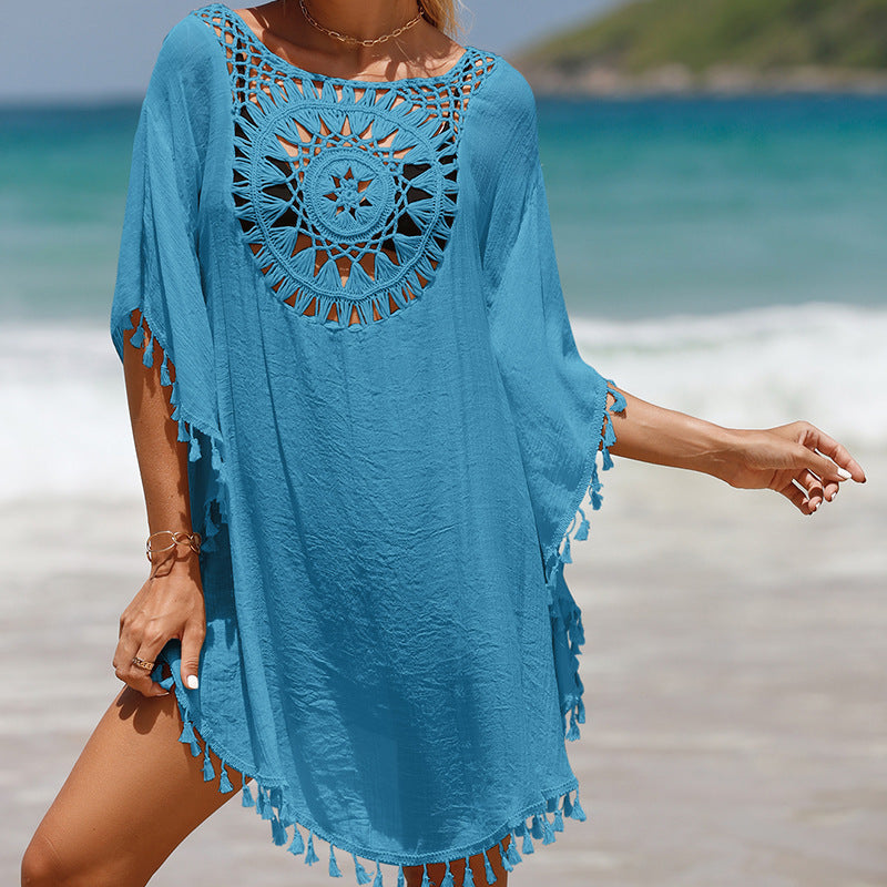 Acoperire pentru bluză de plajă floarea soarelui cu franjuri libere croșetate manual